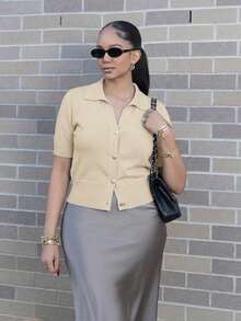 Melissa Matos 全新夏季柔软韩版休闲通勤百搭女士 Polo 领针织上衣 - 杏色 - 查看 5