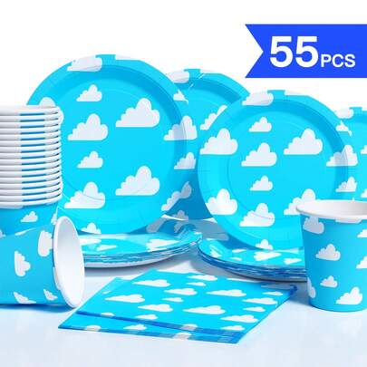 Blue Sky And White Clouds Disposable Party Supplies Set, Suitable For 10 Guests, Disposable Paper Plate Party Utensils Suitable For Birthday, Wedding, Theme Party, Family Picnic
