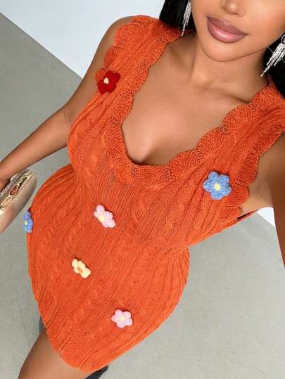 SOLERSUN Women's Sleeveless Knitted Mini Dress For Spring And Summer, Featuring 3D Floral Details And An Elegant V-Neck Design. Perfect For Casual Everyday Wear, Vacations, Beach Trips, Summer Parties, And Dates.