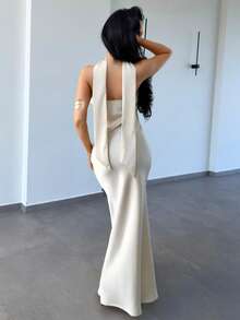 Vassilux Elegant Strapless Backless Dress With Sash, Sexy Solid Color Cream Yellow Formal Gown For Party, Cocktail, Wedding, Birthday, Bridesmaid - Apricot - View 2