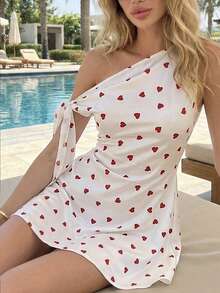 MainGRL Women's Elegant Heart Print Asymmetric-Shoulder Waist Cinched Summer White Graduation Ceremony   Dress Wedding Party Dress - White - View 6