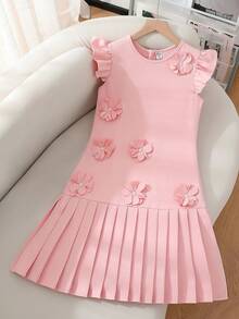 Tween Girl Round Neck 3D Floral Decor Pleated Fashion Party & Casual Dress - Dusty Pink - View 3
