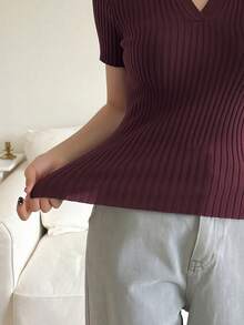 DAZY Áo dệt kim tay ngắn màu trơn dành cho nữ, kiểu dáng thường ngày, thích hợp cho công sở. - Màu Đỏ Sâu - Xem 3