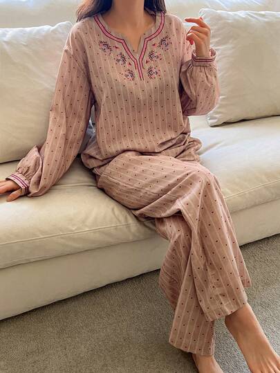 DAZY 2pcs Polka Dot & Striped Allover Print Loose Long Sleeve Top And Straight Leg Pants Pajama Set, Spring/Autumn