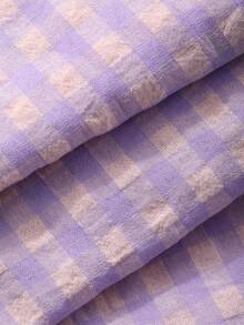 DAZY Bộ đồ ngủ 2 món phối ren kẻ caro dáng rộng tay ngắn và quần short cho nữ, thích hợp cho mùa hè. - Màu tím hoa cà - Xem 8
