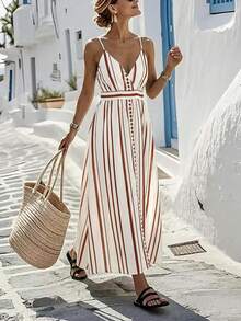 Breezaya 女士度假风条纹吊带V领收腰中长连衣裙 - 杏色 - 查看 1
