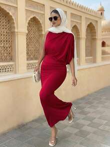 Elenzga Women's Elegant Burgundy Ruched Collar Sleeveless Fitted Flared Dress, Spring/Summer - Burgundy - View 7