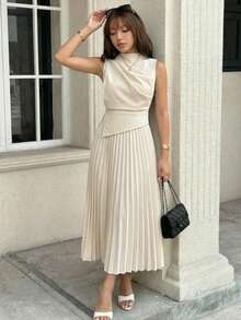 SHEIN Teen Girls' Elegant Ruched Asymmetrical Waist Dress, Apricot Color, Spring/Summer - Apricot - View 4