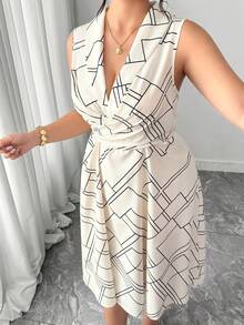Elenzga Chic Apricot Woven Fabric Plus Size Sleeveless Dress Featuring Plaid Pattern Lapel Neck And Flared Hem - Apricot - View 5