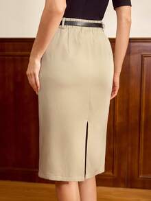 Vintamour Vintage Classic Elegant Women's Skirt, Spring/Summer Fitted Pocket Waist Tie Midi Pencil Skirt - Khaki - View 2