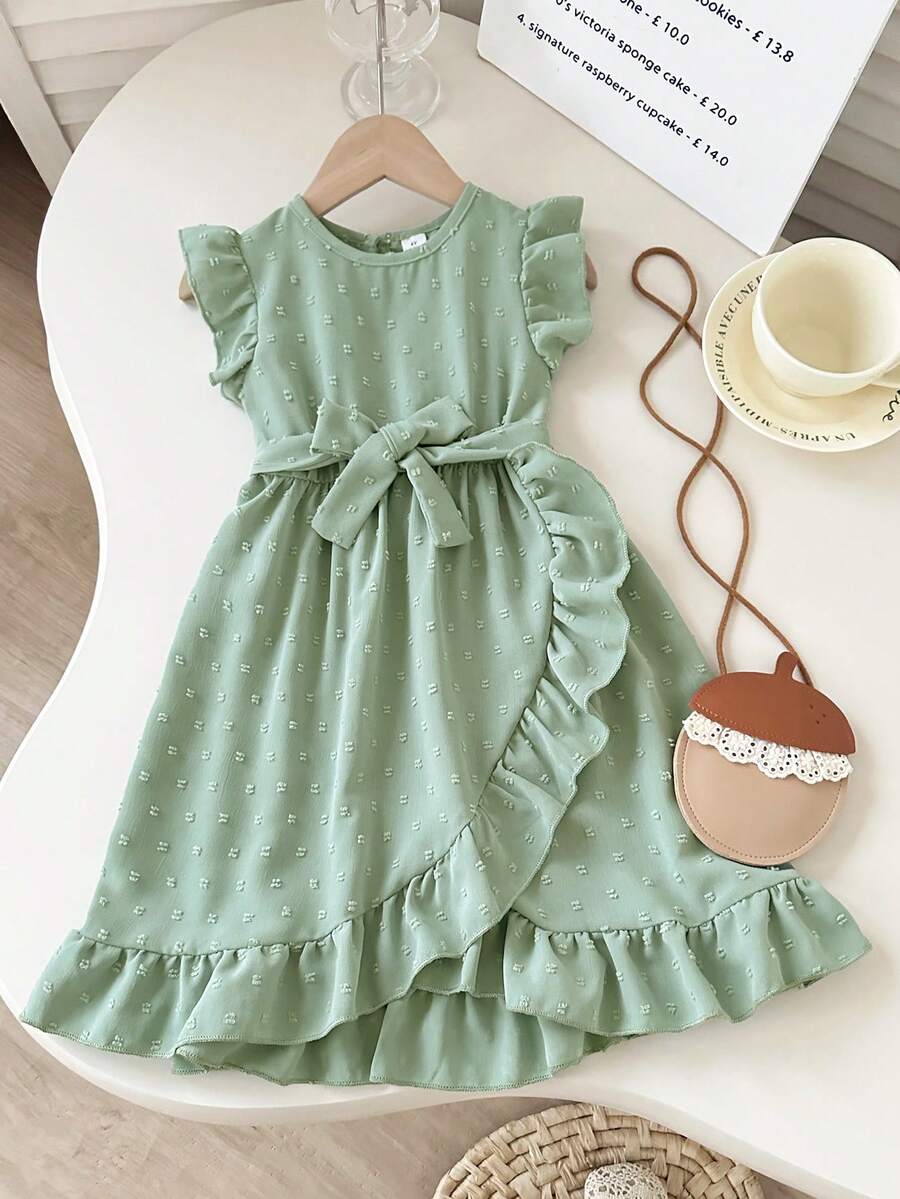 SHEIN Playful Pals 女童舒适休闲荷叶边雪纺连衣裙,配有腰带,适合夏季外出、拍照、日常穿着和上学穿着。 - 淺綠色 - 查看 1