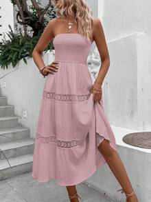 Breezaya Đầm quây thời trang dành cho nữ, màu trơn, phối ren, kiểu dáng suông. - Bụi hồng - Xem 5