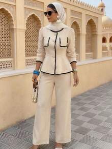 Elenzga 秋冬新款长袖粗花呢圆领收腰A字优雅通勤百搭衬衫裤两件套 - 杏色 - 查看 4