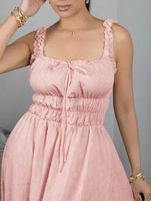 Melissa Matos New Arrival Women's Woven Textured Floral Fabric Spaghetti Strap Bow Design Waist Flared A-Line Elegant Versatile Ladies Dress - Pink - View 3