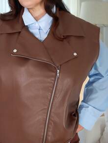 Pretty and Ole Plus Size Women's Autumn And Winter Fashion Casual Loose Comfortable Daily Basic Versatile Brown PU Leather Vest Jacket,Fall Coats,Casual Women Outfits,Fall Outfits Women,Western Wear Women,Back To School,Y2k Clothes,Street Wear,Winter Jacket For Women - Brown - View 3