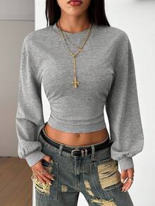 SHEIN PETITE Áo nỉ dài tay cổ lệch bất đối xứng xếp ly, màu trơn, dành cho mùa Thu/Hè và mùa Hè trở lại trường của Omen;S. - Xám - Xem 12