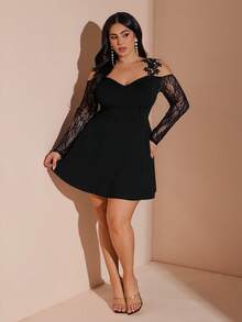SHEIN BAE 大码女式蕾丝拼接露肩A字连衣裙 - 黑色 - 查看 6