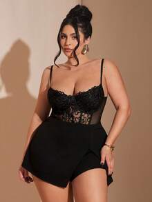 SHEIN BAE Áo liền thân ren hoa dành cho nữ cỡ lớn, màu đen. - màu đen - Xem 3