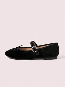 CUCCOO DOLLMOD Sepatu Wanita Hitam Ujung Bulat dengan Hiasan Pita dan Gesper, Sol Datar, Bahan Atas Beludru, Cocok untuk Perjalanan Sehari-hari, Pesta Ulang Tahun, dan Sepatu Musim Semi. - Grafit Hitam - View 8