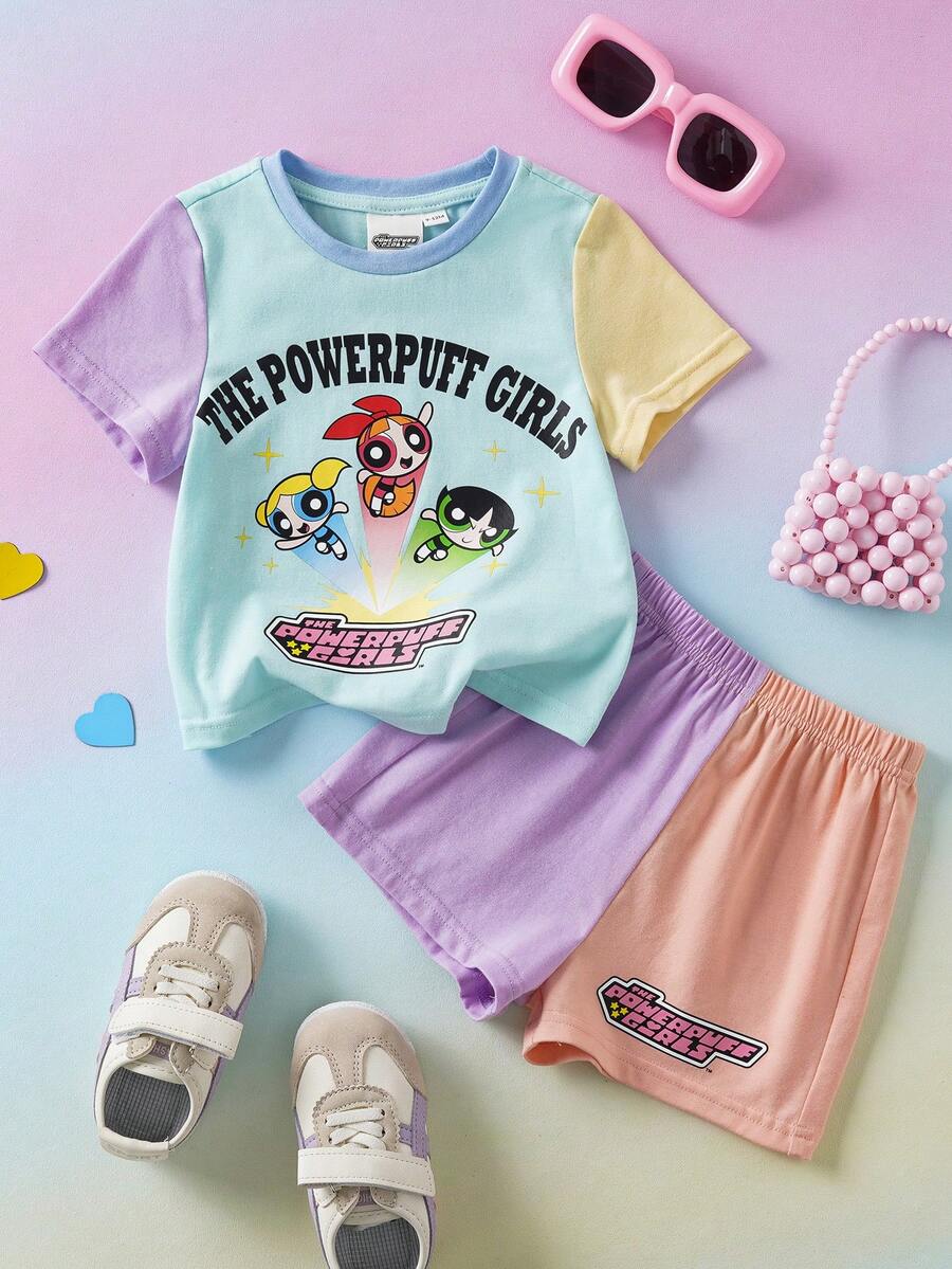 THE POWERPUFF GIRLS X SHEIN 女婴圆领拼接字母卡通印花短袖T恤搭配松紧腰短裤，休闲日常穿搭 - 彩色 - 查看 1
