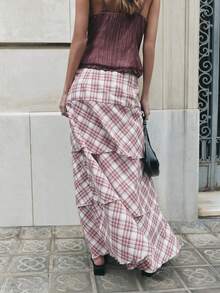 Nöista Plaid Midi High Waist Skirt With Layered Ruffles. Dressy Occasions, Formanl Event, Boho, Casual, Summer, Spring. - Red - View 2