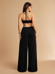 Silquee Women's Black Summer 70s Jumpsuit Gold Metallic Panels Backless Night Out Club Night Party Beach Club One-Piece Pants Loose Straps Leisure Travel Sexy - Black - View 2