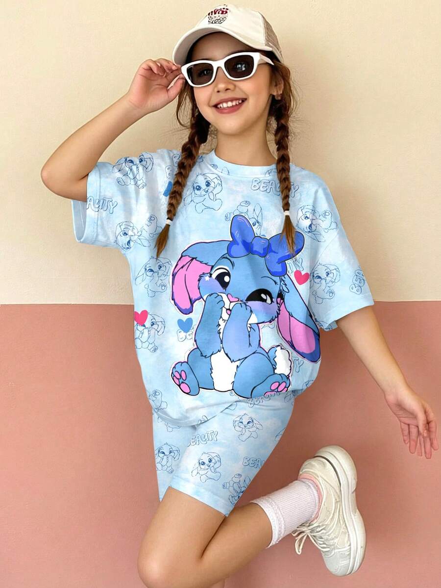 2pcs Tween Girls' Casual Cute Cartoon Rabbit & Stitch Print Round Neck Short Sleeve T-Shirt And Tie-Dye Bike Shorts Set,Aqua Blue Summer Daily Wear - Multicolor - View 1