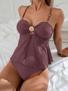 Swim Basics 女士两件套优雅度假贝壳金属串珠吊带泳衣套装，卡其色，沙滩装 - 藕粉色 - 查看 1