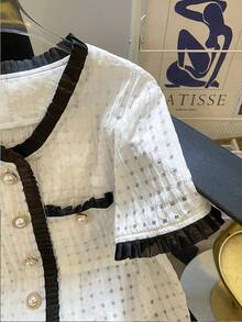 GlowEve Fashionable New Summer Elegant Short Sleeve Round Neck With Metal Button Decor, Ruffle Hem Contrast Color Splice Women Short Blouse - White - View 8