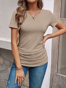 EMERY ROSE Casual Solid Color Ruched Short Sleeve T-Shirt, Versatile For Summer - Apricot - View 6