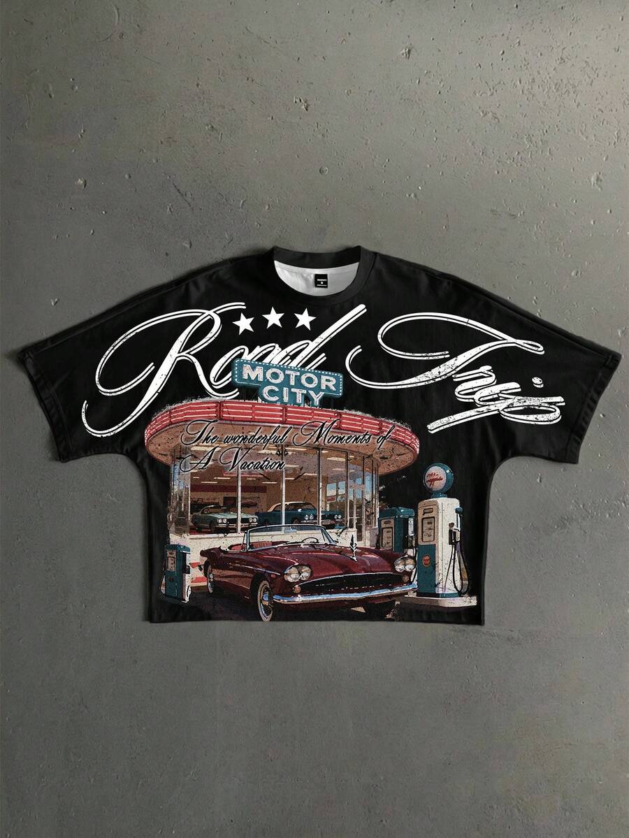 Manfinity Roghcode Camiseta de manga de murciélago de corte holgado con estampado de letras y coches para hombre - Negro - Ver 1