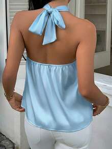 MainGRL Old Money Sleeveless Blue Satin Camisole, Regular Hem, Solid Color Design, Open Shoulder Top - Blue - View 2
