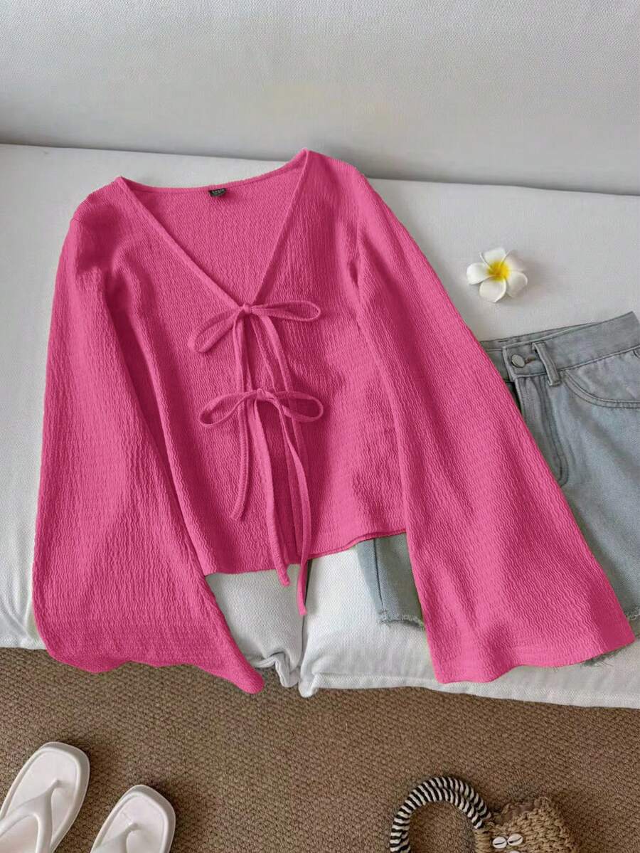 SHEIN LUNE Áo nữ tay loe buộc dây cổ tay kiểu dáng thường ngày - Màu xanh nhạt - Xem 1