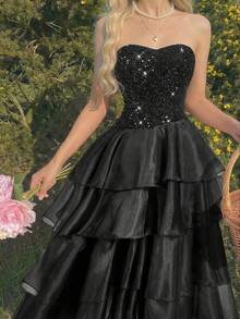 SHEIN MOD 女士黑色亮片无肩带连衣裙 - 黑色 - 查看 6