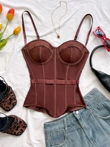Soleia Sexy Retro V-Neck Asymmetrical Hem Fitted Women's Camisole, Suitable For Palace, Nightclub, Bohemian, Boho, Vacation, Vintage, Holiday - Brown - View 3