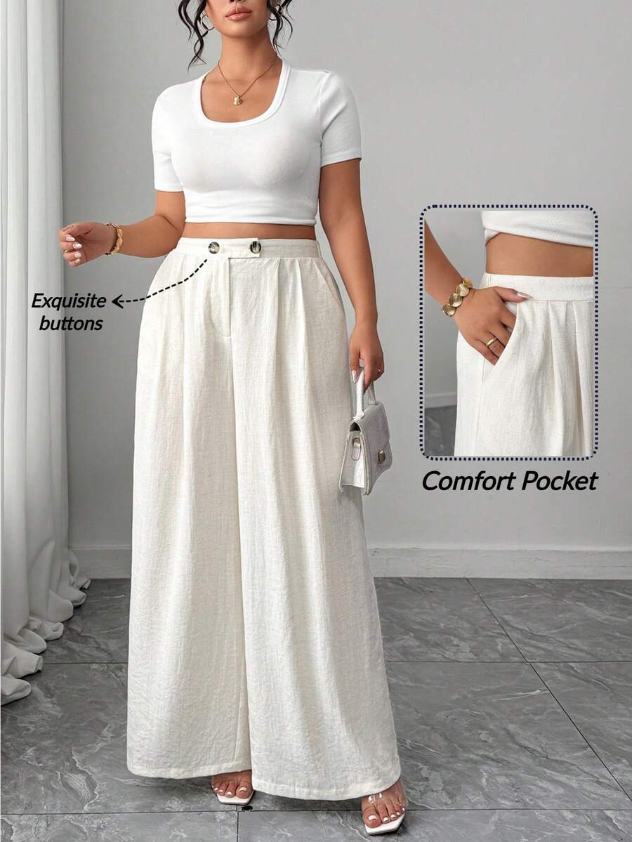 Elenzga Casual Plus Size Plain Long Straight Leg Woven Fabric Textured Pants Apricot With Exquisite Buttons And Comfort Pockets - Apricot - View 1