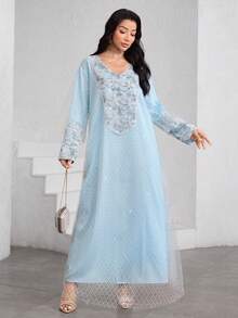 Al Najma Mesh Jacquard Patchwork Elegant Loose Long Sleeve Dress For Women - Multicolor - View 5