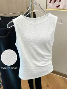 Elenzga Blusa de punto sin mangas con textura y fruncido lateral, de estilo casual y elegante para mujer - Blanco - Ver 1