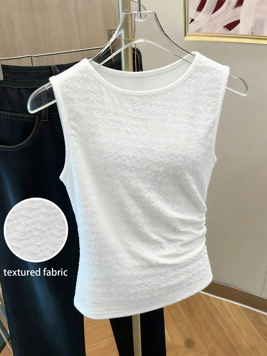 Elenzga Blusa de punto sin mangas con textura y fruncido lateral, de estilo casual y elegante para mujer - Blanco - Ver 1