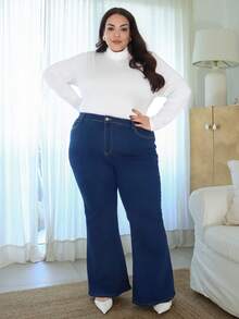 Pretty and Ole Jeans mit hoher Taille, schlanker Passform und weitem Bein in dunkler Waschung für Große Größen - Dunkle Waschung - Übersicht 5