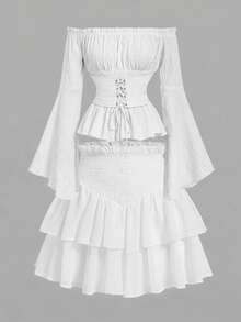 SHEIN MOD Off Shoulder Lace Up Front Ruched Bust Ruffle Hem White Waisted One-Shoulder Bell Sleeves Blouse - White - View 6