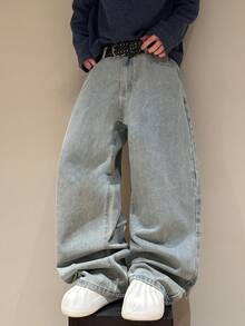 STEELVANCE 复古做旧铆钉和花卉图案宽松直筒休闲牛仔裤，百搭街头服饰 - 淺色水洗藍 - 查看 3