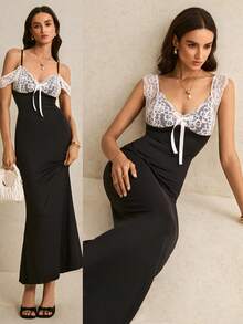 女士优雅撞色蕾丝拼接鱼尾连衣裙，夏季 - 黑色 - 查看 2