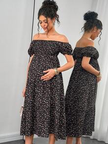 Momance 孕妇碎花方领花瓣袖优雅连衣裙 - 彩色 - 查看 5