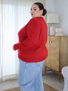 Pretty and Ole Plus Size Casual Solid Color Gold Button Long Sleeve Cardigan - Red - View 4