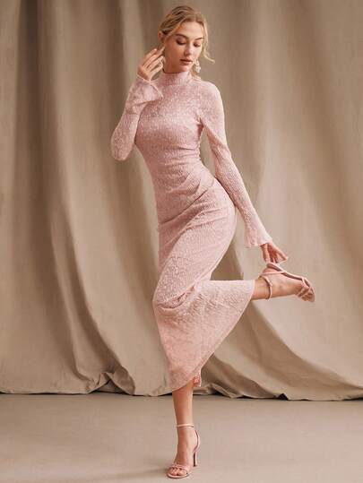 Anewsta Vestido largo ajustado y elegante con mangas acampanadas de tela con textura de encaje romántico para mujeres