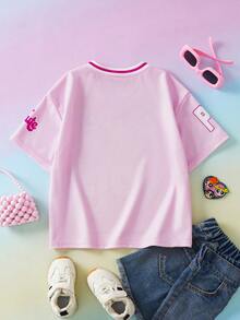 THE POWERPUFF GIRLS X SHEIN 1件装 女童可爱休闲卡通印花V领短袖舒适运动T恤 - 粉色 - 查看 3