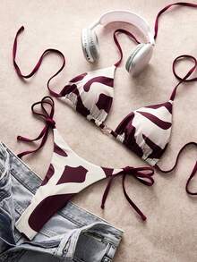 SHEIN Swim Chicsea 26SS 优雅棕色波浪纹比基尼套装，适合海滩度假穿着，春夏款 - 彩色 - 查看 8