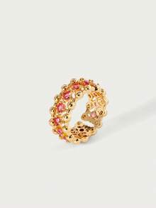 Glisma 18K Gold Plated Geometric Hollow Rose Red Zirconia Elegant Ringoutfits,Old Money,Metallic/Texture,Gemstone,For Mom/Women/Girl/Mother,Premium,Vintage,Classy,Gold,Easter,Travel/Beach/Vocation,Boho,Grunge - Hot Pink - View 3