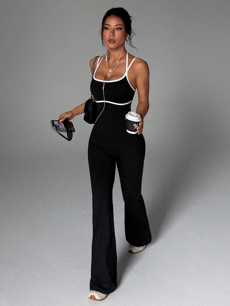 SHEIN Sports 女款黑白拼接細肩帶露背喇叭褲連身褲,夏季性感健身瑜伽皮拉提斯運動收腹套裝 - 黑色 - 查看 1